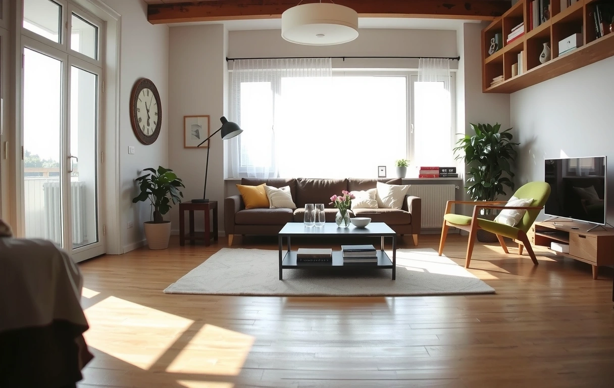 Uklizený obývací pokoj v pražském bytě s přirozeným světlem